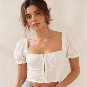 Horoscopez Dolls Kill White Eyelet Corset Crop Top Puff Sleeve Coquette S